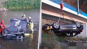 Mercedes prorazil zábradlí a skončil v řece.