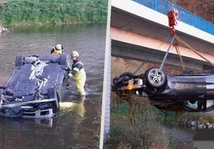 Mercedes prorazil zábradlí a skončil v řece.
