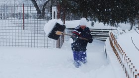 Dana Lakatošová z Petrovic se sněhem doma prohrabává k psímu výběhu