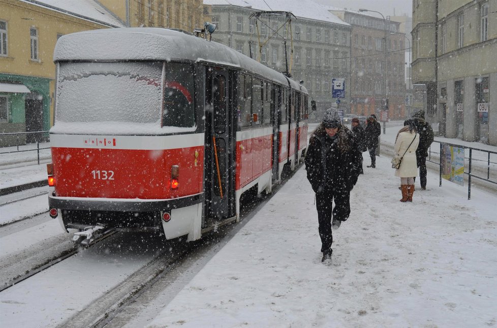 Brno zasypal v úterý 31. ledna 2017 sníh. Lidé, kteří museli cestovat, nechávali auta doma a hledali útočiště v tramvajích.