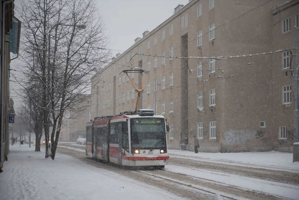 Tramvajové linky v Brně ve středu od ranních hodin nabíraly zpoždění kvůli výhybkám, které zanesl rozbředlý sníh