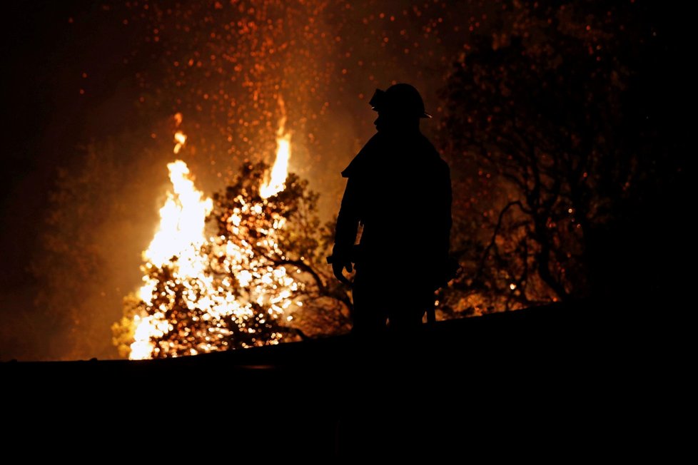 Požárník západně od Reddingu sleduje obří lesní požár.