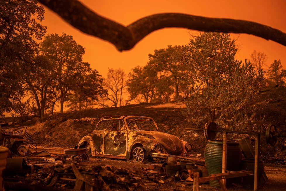 Spálený Volkswagen Beetle západně od Reddingu v Kalifornii. Auto padlo za oběť obřímu lesnímu požáru.