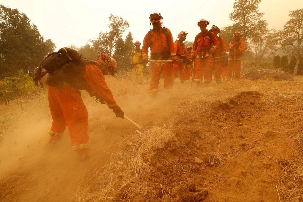 Požárníci se snaží zastavit šíření požáru. Vystaveni horku a kouři hledají pod zemí doutnající kořeny - možné zdroje dalších požárů.