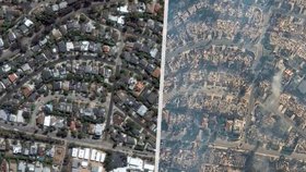 Satelitní snímky požárů v Kalifornii: Požár pohltil celé čtvrti Los Angeles.