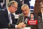 Zleva Miroslav Kalousek, Karel Schwarzenberg (oba TOP 09) a Andrej Babiš (ANO) v komentáři Petra Holce