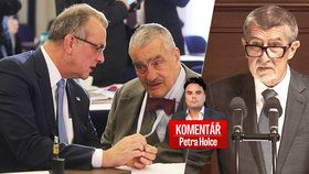 Zleva Miroslav Kalousek, Karel Schwarzenberg (oba TOP 09) a Andrej Babiš (ANO) v komentáři Petra Holce