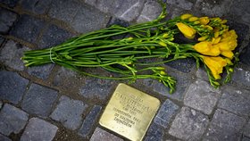 Položení jednoho z takzvaných kamenů zmizelých (Stolpersteine) za deportovanou Emmu Ledererovou za účasti její praneteře Veroniky Žákové (na snímku)