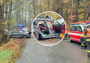 U Kamenného Přívozu narazilo do stromu Porsche. Zasahoval vrtulník.