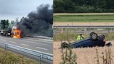 Na dálnicích se bouralo: U Mezna shořel kamion, u Mirotic skončilo auto na střeše
