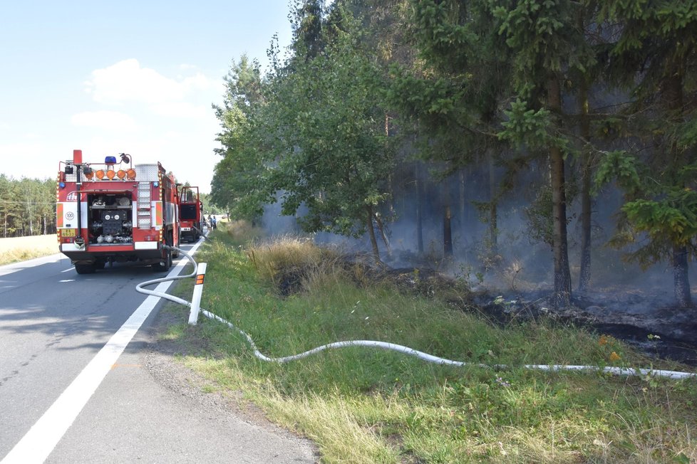 Požár lesa, který zapálily jiskry od kola kamionu, jemuž praskla pneumatika.