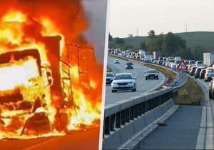 Požár kamionu zastavil provoz na D1 na Benešovsku. (1.8.2023)