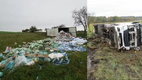Z kamionu se po nehodě na Plzeňsku vysypal převážený náklad.