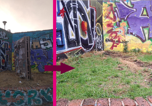 Zeď na Kampě po graffiti festivalu Off the Wall v roce 2022.
