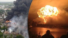 Obří exploze při vlakovém neštěstí v Kanadě: Plameny šlehaly desítky metrů vysoko.