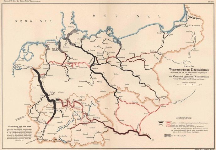 Kanál na sto let staré mapě (černě existující vodní cesty, červeně možné varianty kanálů)