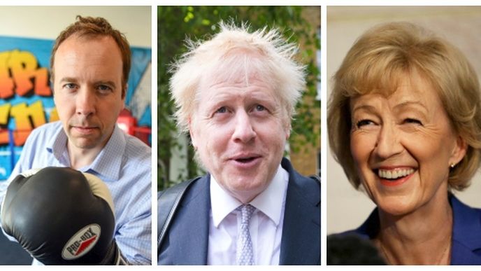 Kandidáti na post šéfa britských konzervativců. Zleva: Mat Hancock, Boris Johnson, Andrea Leadsomová