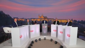 Předvolební debata Blesku o zdravotnictví (21. 9. 2021): Zleva Vít Kaňkovský (KDU-ČSL), Pavel Nechanický (STAN), Ondřej Dostál (Piráti), Jakub Kopřiva, Jiří Mašek (ANO) a Jiří Běhounek (ČSSD)
