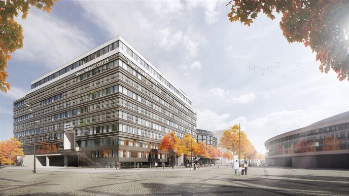 Vizualizace kancelářského centra Kaprain Harfa Business Center skupiny Kaprain, které podle návrhu ateliéru ADR vzniká v Praze-Vysočanech vedle O2 areny.