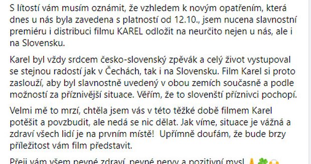 Vyjádření Ivany Gottové o druhém odložení slavnostní premiéry filmu Karel.