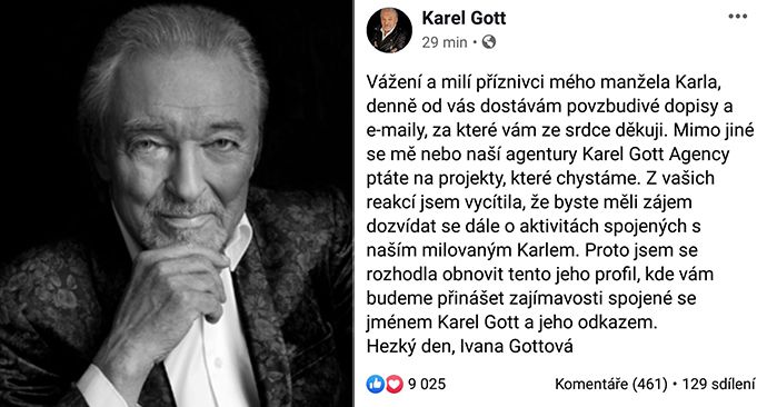 Ivana Gottová obnovila Karlův facebook.