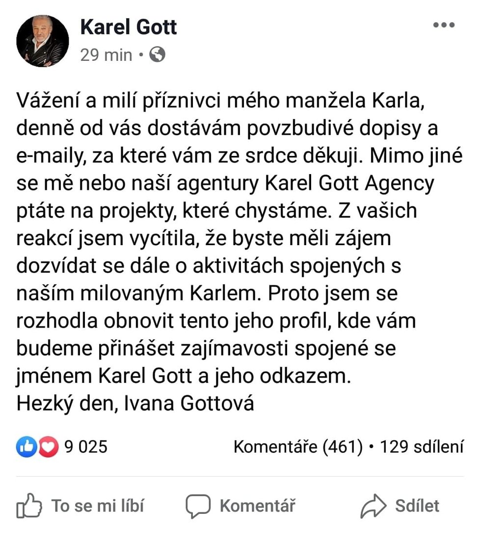 Ivana Gottová obnovila Karlův facebook.