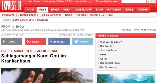 Zdravotní stav Karla Gotta sledují i zahraniční weby. Na snímku německý web Express.de se zprávou „Velké obavy o legendu: Zpěvák Karel Gott je v nemocici“.