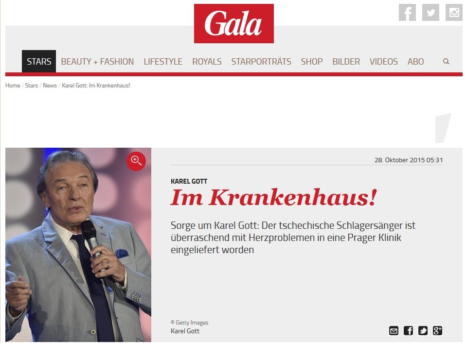 Zdravotní stav Karla Gotta sledují i zahraniční weby. Na snímku německý web Gala.de se zprávou „Karel Gott v nemocnici!“