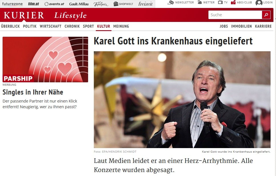 Zdravotní stav Karla Gotta sledují i zahraniční weby. Na snímku rakouský web Kurier.at se zprávou „Karel Gott hospitalizován v nemocnici“.