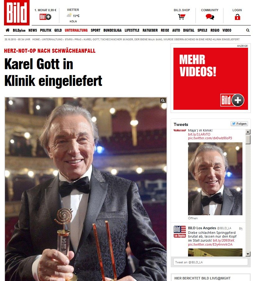 Zdravotní stav Karla Gotta sledují i zahraniční weby. Na snímku německý web Bild.de se zprávou „Karel Gott hospitalizován“.