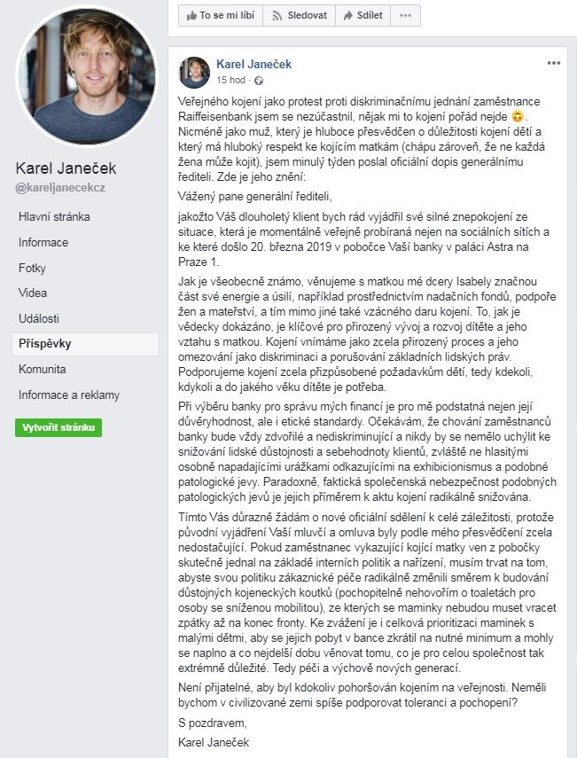 Celé vyjádření Karla Janečka k diskriminaci kojení na veřejnosti na jeho facebooku