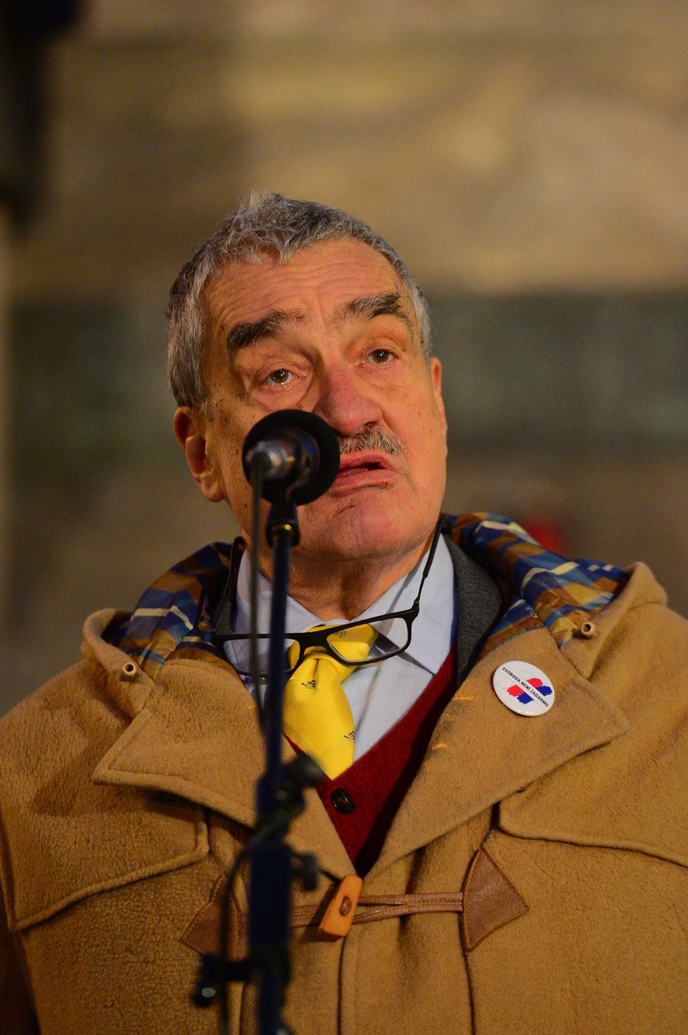 Karel Schwarzenberg 25. února 2016 na Václavském náměstí během demonstrace „Oligarchům zvoní hrana“