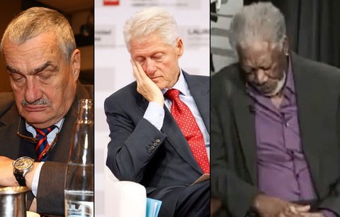 Co to s těmi muži je? Po Karlovi a Clintonovi usnul také herec Freeman