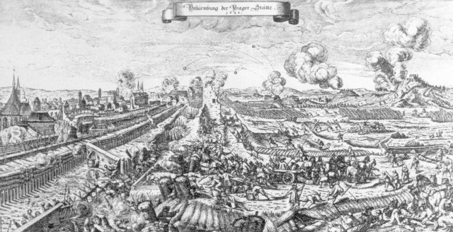 Obraz malíře Karla Škréty: Obležení Prahy od Švédů 1648.