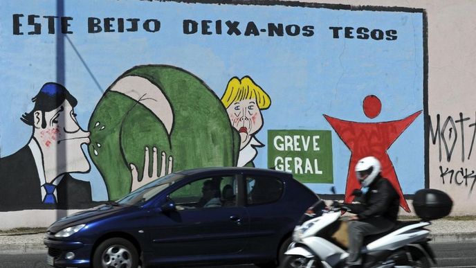Karikatura německé kancléřky Angely Merkelové a portugalského premiéra Pedra Passose Coelha v Lisabonu