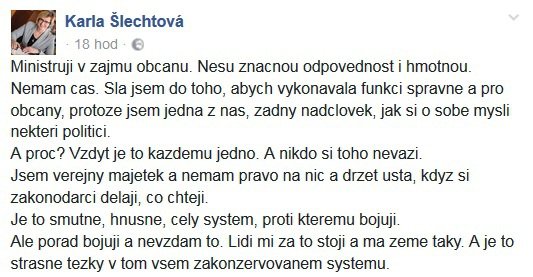 Ministryně Šlechtová a její stížnost na Facebooku poté, co jí komunisté nabourali projednávání zákona o pohřebnictví.
