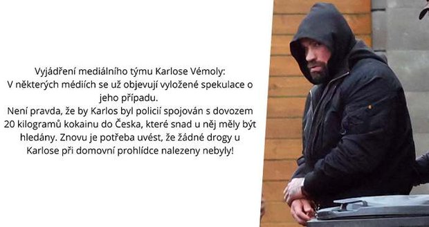 Karlosův mediální tým vydal prohlášení ohledně kokainu, doma se prý u něj nic nenašlo.