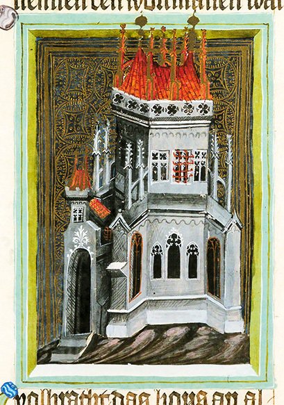 Kaple Božího těla a krve jako Šalomounův chrám na iniciále z Bible Václava IV. Tato kaple kdysi stála vprostřed Karlova náměstí.