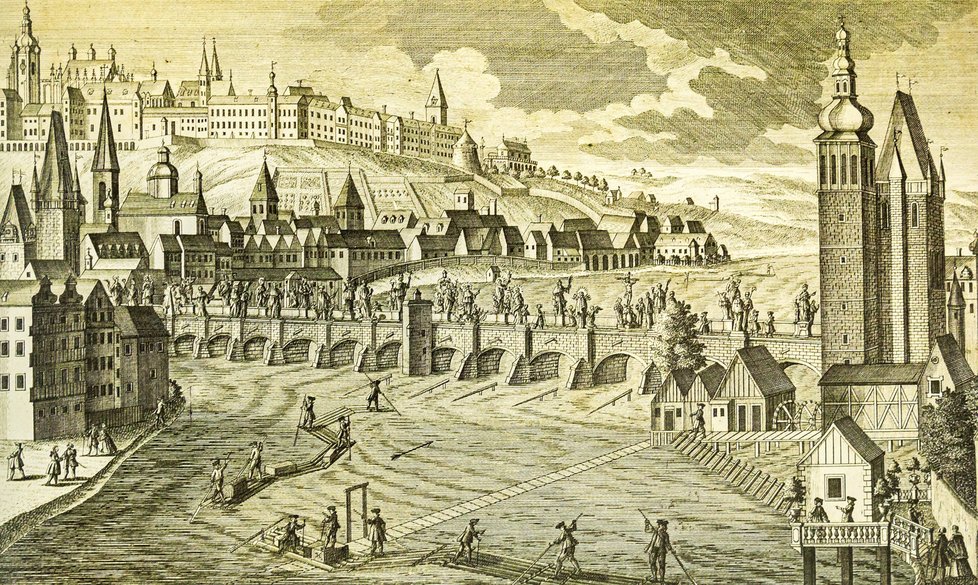 Karlův most najdeme na řadě uměleckých vyobrazení, takhle ho viděl autor mědirytiny v roce 1740.