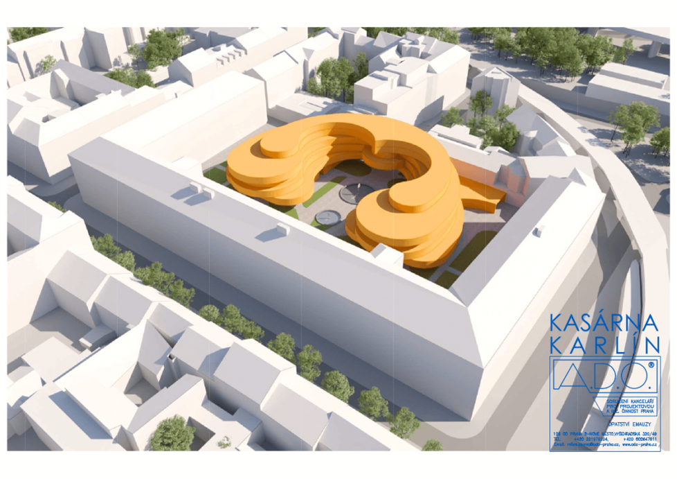 Návrh na proměnu areálu Kasárna Karlín. A.D.O. architekti by zde rádi viděli šestipatrovou budovu pod názvem &#34;Květ lotosu&#34;.