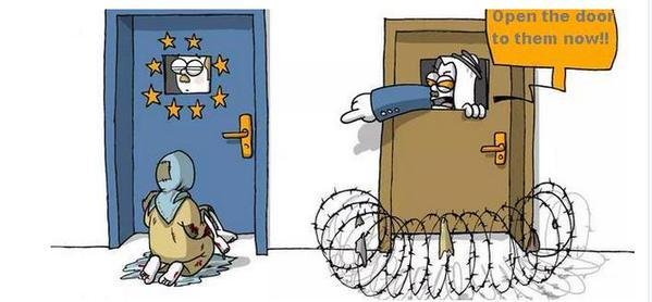 Karikatura ilustrující přístup některých arabských zemí k běžencům.