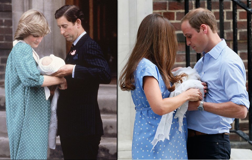 Velmi nápadná podoba Williamových žen. Matka Diana ukázala poprvé syna ve stejných šatech jako včera Kate