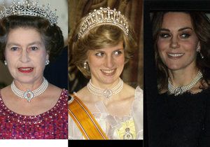 Kate vynesla perlový náhrdelník, který měla od královny Alžběty II. a měla ho na krku v minulosti i princezna Diana.