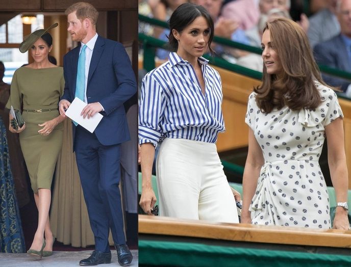 Vévodkyně Meghan v šatech, košili a kalhotách z dílny Ralph Lauren