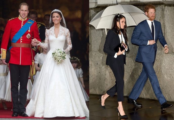 Vévodkyně Kate ve svatební šatech Alexander McQueen a vévodkyně Meghan s kalhotech a saku stejné značky
