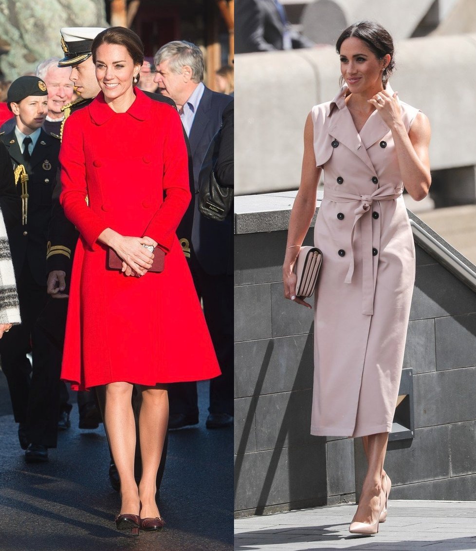 Kate Middleton v roce 2016 na návštěvě v Kanadě a Meghan Markle v Cheshiru.