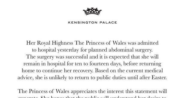 Palác oznámil, že je Kate v nemocnici