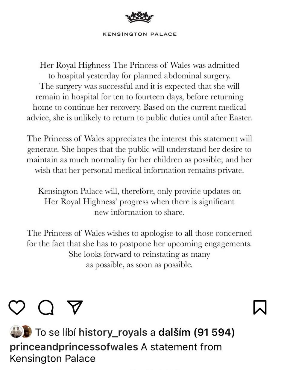 Palác oznámil, že je Kate v nemocnici.