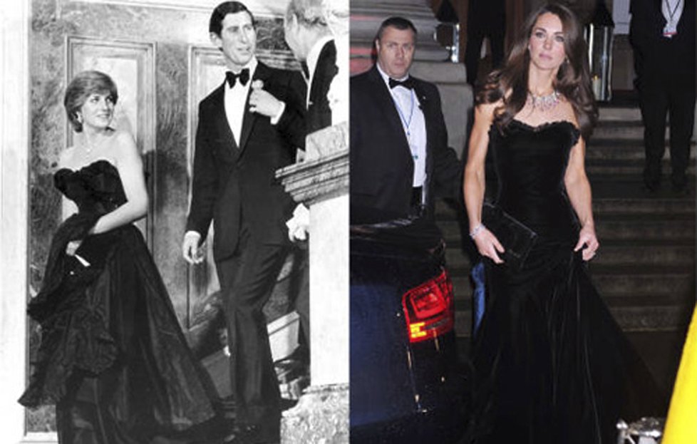 Diana na své první veřejné akci s princem Charlesem v londýnském Goldsmith sále v roce 1981; Kate na Sun Military Awards v roce 2011.