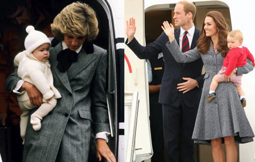 Diana při vystupování z letadla s malým princem Harrym v náručí na letišti v Aberdeenu ve Skotsku v roce 1985; Kate s Williamem a princem Georgem před jejich odletem z Austrálie v poslední den jejich cesty po Austrálii a Novém Zélandu v roce 2014.